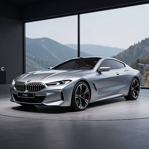 Photograph of a sleek, silver BMW M4 coupé with black rims and red brake calipers, parked in a modern, glass-walled showroom