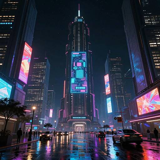 Neon-lit futuristic cityscape photograph at night, featuring towering skyscrapers with vibrant digital billboards, illuminated street, and wet, reflective pavement
