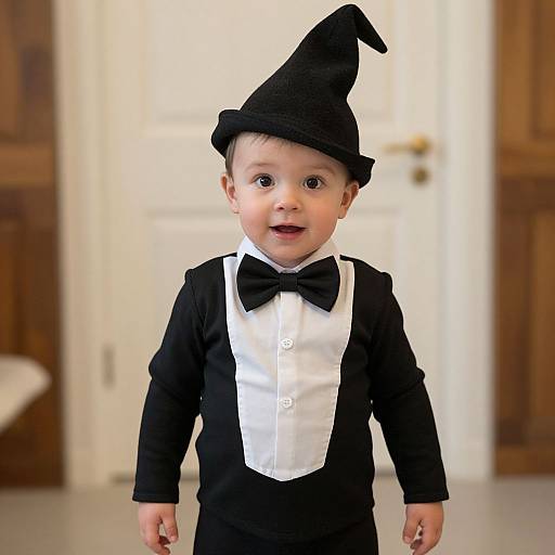 Photograph of a cute toddler with fair skin, wearing a black witch hat, black tuxedo with white vest, and black bow tie, standing