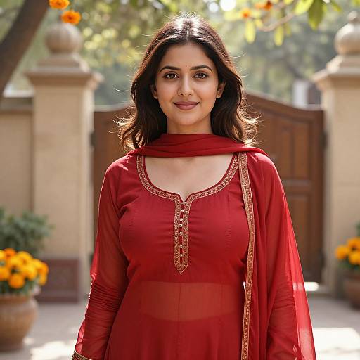 Young Woman in Vibrant Red Salwar