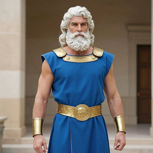 CGI image of an elderly, white-haired, bearded man in a blue, sleeveless tunic with gold armor and belt, standing in a