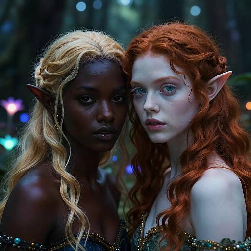 Fantasy Portrait of Two Elven Girls in Magical Forest