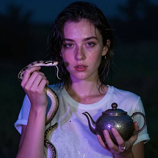 Photograph of a wet, young woman with freckles, holding a snake in one hand and a silver teapot in the other, against a