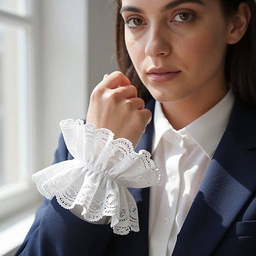 Photograph of a serious-faced woman with fair skin and brown hair, wearing a dark blue blazer and white shirt, holding a white lace cuff in