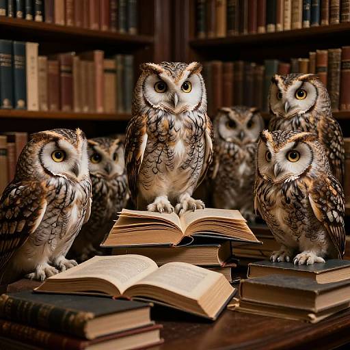 Photograph of five realistic, detailed owls with yellow eyes and brown, white-speckled feathers standing on a wooden table, surrounded by open books