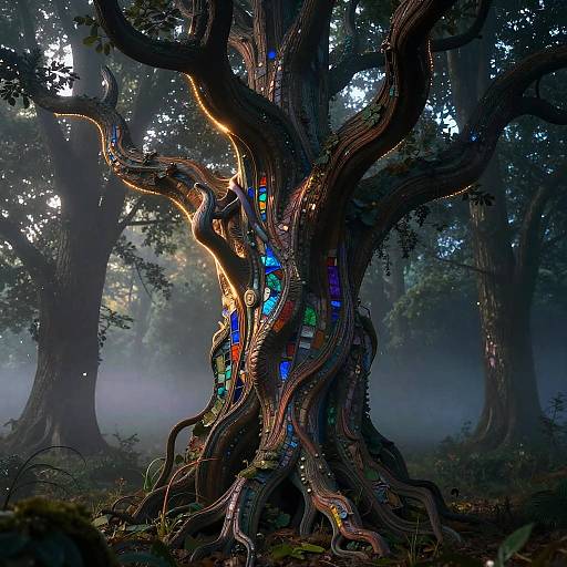 Digital art of a twisted, glowing tree in a misty forest, with colorful, illuminated patterns winding through its dark, textured bark.