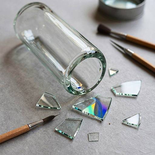 Photograph of a clear glass beaker lying on a grey surface with shattered, colorful glass triangles and two paintbrushes nearby.