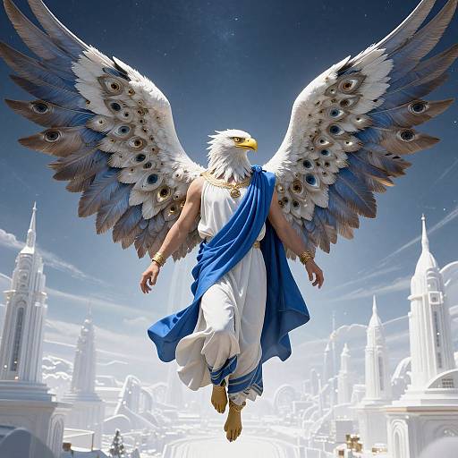 Digital illustration of a muscular, white-feathered eagle-headed deity with large, blue-and-white wings, wearing a white toga and blue sash