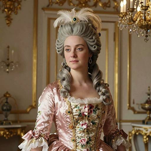 Digital portrait of a young woman with powdered gray hair, floral pink satin dress with lace cuffs, standing in an ornate, gold-trimmed room