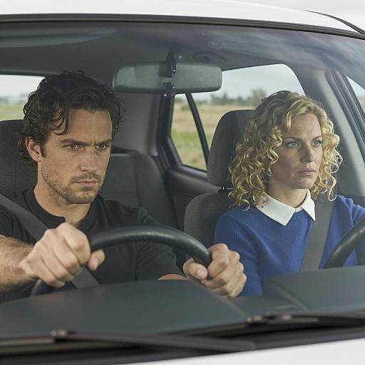 Serious Man and Woman Driving Car