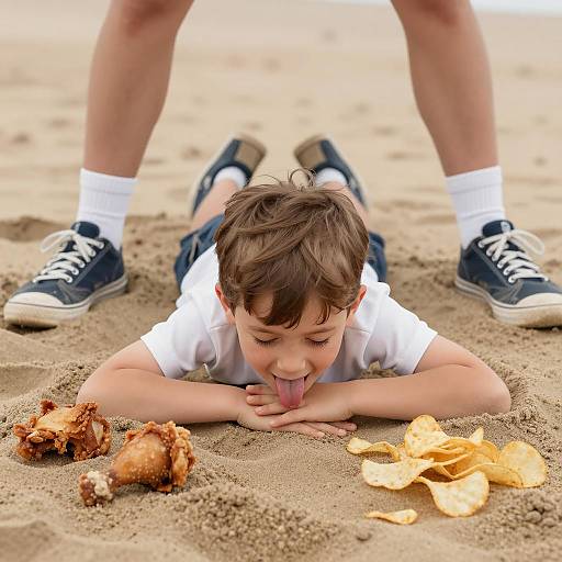 Playful Boy Enjoying a Sandy Feast