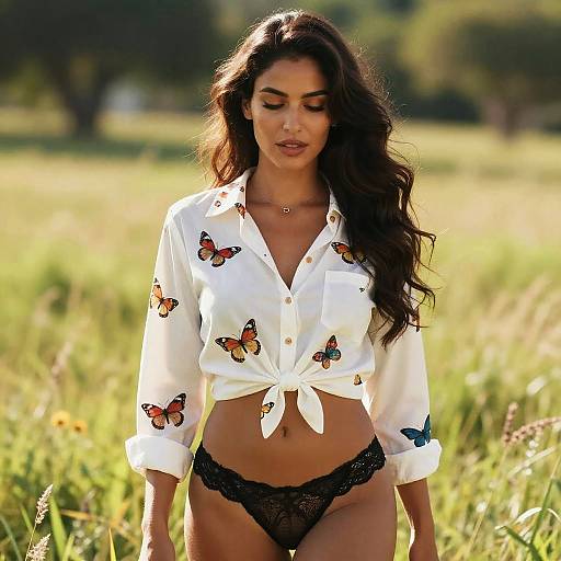 Photograph of a beautiful woman with long, wavy brown hair, wearing a white butterfly-printed shirt tied at the front, and black lace panties