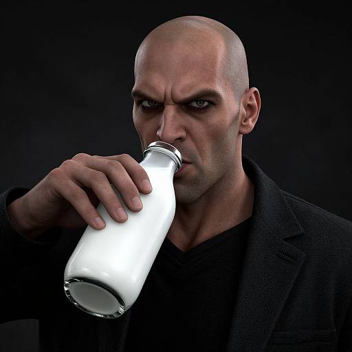 Photograph of a bald, stern-faced man in a black suit, drinking from a white milk bottle against a dark background.