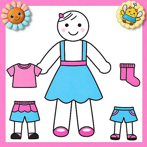 Colorful cartoon of a smiling girl with white face, blue dress, pink shoes, and matching clothes for a boy, sun and tea cup in corners