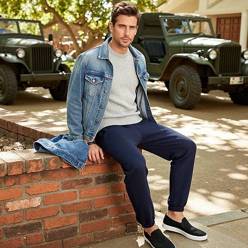 Photograph of a handsome man with dark hair and beard, wearing a denim jacket, gray shirt, navy pants, and black sneakers, sitting on a