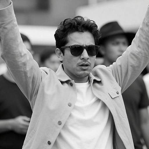 Man with Sunglasses Raising Arms