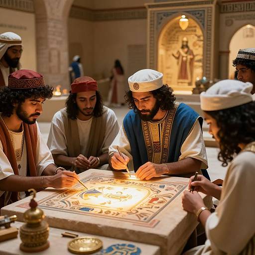 Photograph of six Middle Eastern men with curly hair, beards, and white or red caps, gathered around a glowing, intricate illuminated manuscript in a