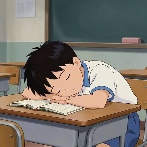 Anime-style drawing of a young boy with black hair, wearing a white and blue shirt, sleeping on a classroom desk with an open book. Background includes