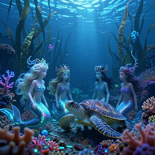 Photograph of three mermaid dolls with shimmering blue scales, crown headpieces, and long hair, surrounded by colorful coral, a turtle, and