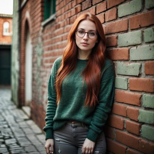 Young Woman with Red Hair Leaning on Urban Brick Wall