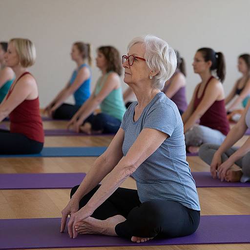 Photograph of an elderly woman with white hair and red glasses, wearing a blue shirt and black pants, seated in a yoga class on a purple mat