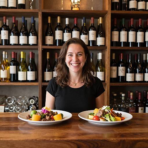 Photograph of smiling woman with wavy brown hair, wearing black shirt, standing behind wooden bar with plates of colorful salads, and wine shelves in background