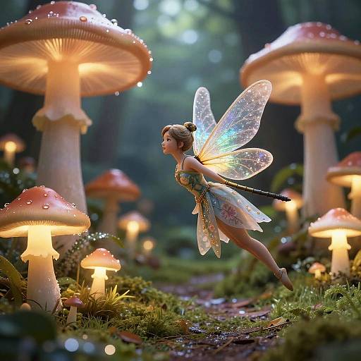 Photorealistic CGI fairy with iridescent wings, blonde hair in bun, green dress, leaping among glowing, dewy mushrooms in a magical