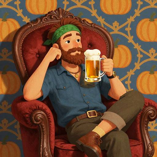 Cartoon bearded man with green headband, blue shirt, and brown pants, sips frothy beer in ornate red chair, pumpkin-pattern