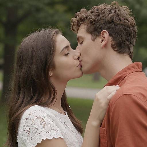 Intimate Outdoor Kiss Amid Green Trees