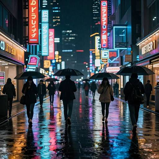 Nighttime city street photograph of silhouetted people with umbrellas walking on a wet, reflective sidewalk, surrounded by brightly lit neon signs in vibrant