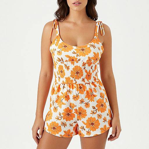 Photograph of a woman in a sleeveless, orange floral romper with thin straps, white background, showing her from the waist up.