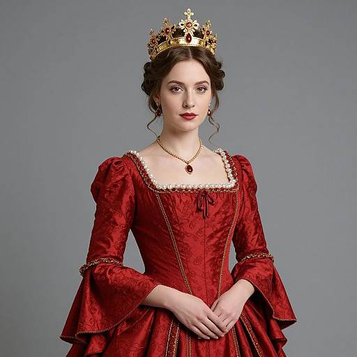 Photograph of a fair-skinned woman with dark hair in an updo, wearing a gold crown, red Renaissance-style dress, and a red pendant