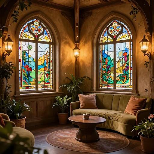 Photograph of a cozy, dimly-lit room with two arched, colorful stained glass windows, green sofa, wooden coffee table, and p