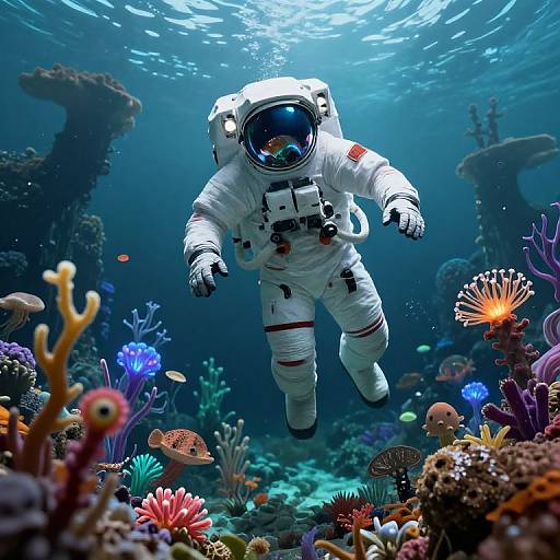 Surreal Astronaut in Luminous Underwater Realm