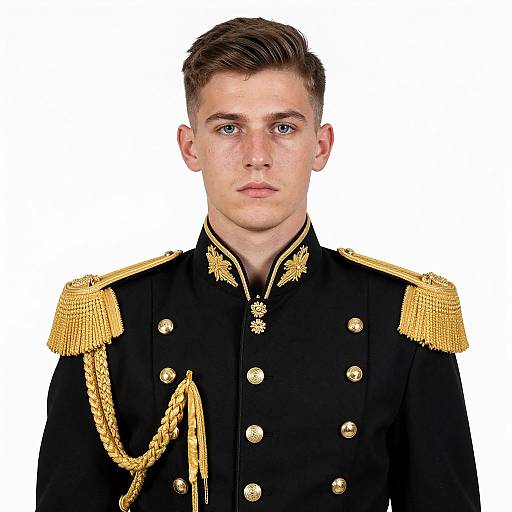Photograph of a young, fair-skinned man with short brown hair, wearing a black military uniform with gold epaulettes and buttons, against