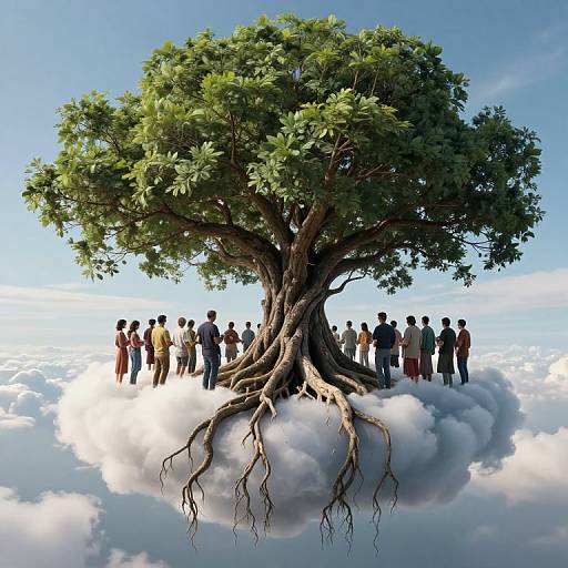 Digital illustration of a large tree with roots extending into a fluffy cloud, surrounded by diverse silhouetted people standing on the cloud, against a bright