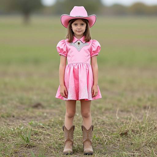Photograph of a young girl with light brown hair, wearing a pink cowboy hat, pink dress, and brown cowboy boots, standing in a grassy