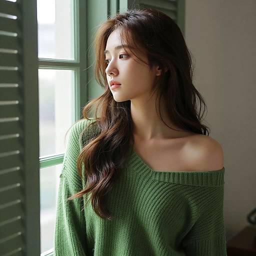 Young Woman by Window in Green Sweater