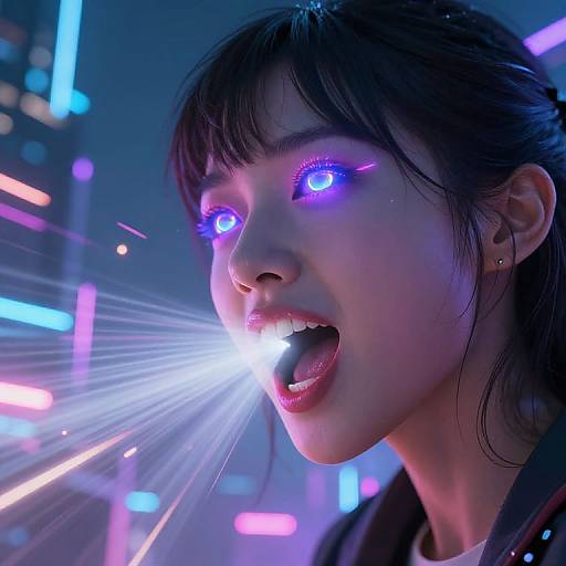 Cyberpunk photograph of an Asian woman with glowing purple eyes, black hair, and a bright laser beam emitting from her mouth, illuminated by neon city