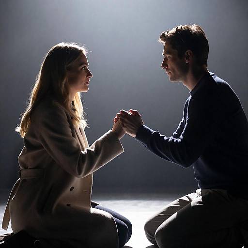 Backlit Silhouette Kneeling Man Seated Woman