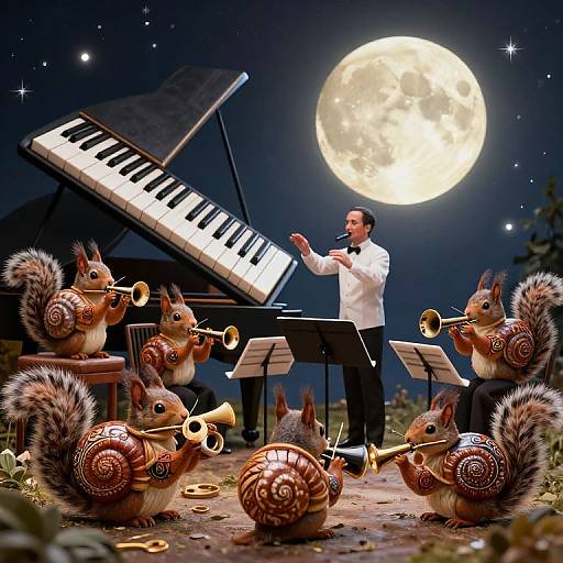 Photorealistic digital art: A tuxedo-clad man plays piano under a full moon, surrounded by cartoon squirrels playing brass instruments.