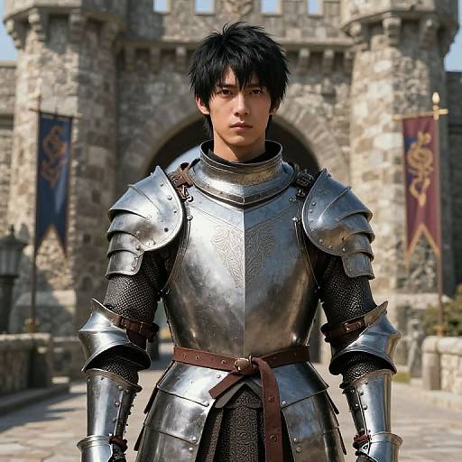 CGI image of a young man with black hair in shiny medieval armor, standing in front of a stone castle with banners.