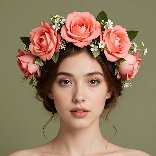 Photograph of a fair-skinned woman with brown eyes, wearing a pink rose and green leafy head crown, against a muted green background.