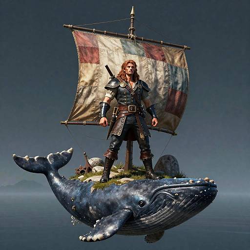 Rogue Standing on Floating Whale Island with Patchwork Sail