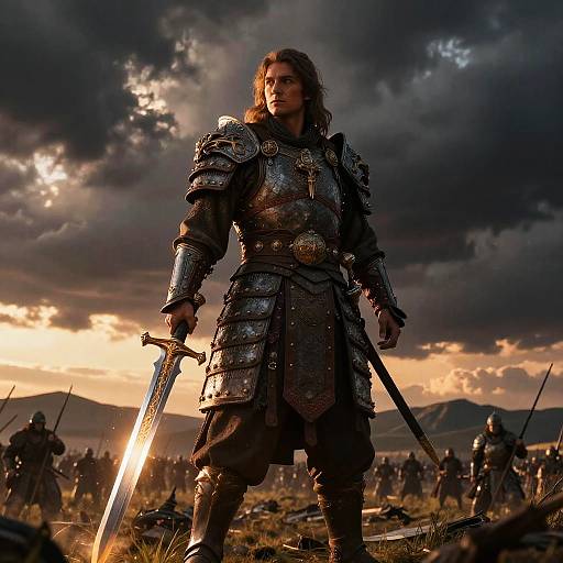 Photorealistic digital artwork of a muscular, long-haired warrior in shiny, medieval armor, standing with sword in hand, amidst a dramatic, cloudy sunset