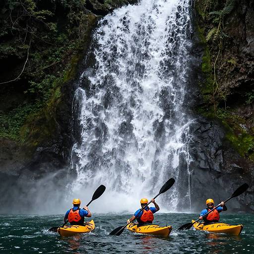Kayakers Beneath Majestic Waterfall