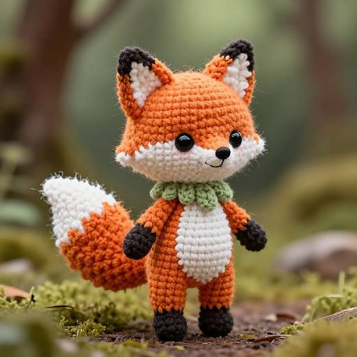 Photograph of a cute, detailed, crocheted fox with orange and white fur, black ears and paws, green neckerchief, standing