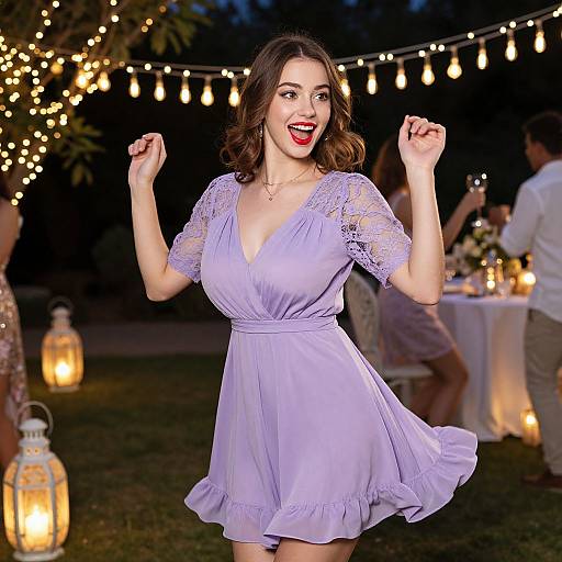 Photograph of a smiling woman with medium brown hair, wearing a lavender lace dress, dancing outdoors at night under string lights.