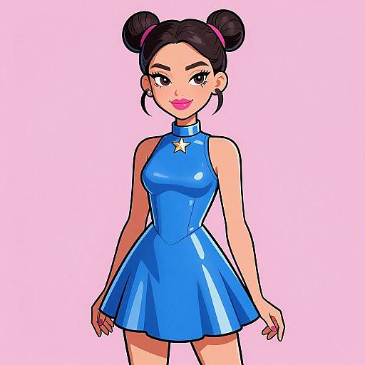 Digital anime-style drawing of a cute young woman with black hair in double buns, wearing a shiny blue sleeveless dress with a star, against a