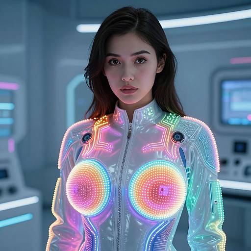 Digital artwork of a young woman with long brown hair, glowing neon-patterned white futuristic bodysuit, large illuminated breasts, standing in a sci-fi